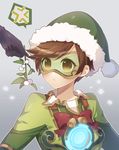  alternate_costume anger_vein atobesakunolove bangs bell bodysuit bow bowtie brown_eyes brown_hair christmas closed_mouth eyebrows_visible_through_hair goggles gradient gradient_background green_hat green_jacket harness hat highres jacket jingle_bell jingle_tracer mistletoe overwatch pom_pom_(clothes) red_bow red_neckwear santa_hat short_hair short_sleeves snowflakes solo spoken_anger_vein strap swept_bangs tracer_(overwatch) upper_body 
