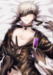  black_gloves black_jacket blindfold choker couple covered_eyes female_pov gloves gnir_(akiring663) hand_on_another's_chest jacket lying male_focus nier_(series) nier_automata on_back on_bed out_of_frame parted_lips pinned pov pov_hands signature silver_hair solo_focus sweat syringe upper_body yorha_no._2_type_b yorha_no._9_type_s 