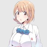  :o breasts brown_eyes brown_hair flower grey_background hair_ornament hairclip heart heart_hair_ornament large_breasts miso_(mimimiso) narusawa_ryouka occultic;nine parted_lips short_hair simple_background solo upper_body v-shaped_eyebrows 