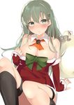  absurdres alternate_costume arm_support bangs bare_shoulders black_legwear blush breasts christmas christmas_tree_hair_ornament cleavage commentary_request detached_collar detached_sleeves fur-trimmed_sleeves fur_trim green_eyes green_hair hair_between_eyes hair_ornament highres kantai_collection kneehighs knees_up large_breasts light_frown long_hair pout sack santa_costume sato_(samanosuke_0710) simple_background sitting sleeves_past_wrists solo suzuya_(kantai_collection) thigh_strap white_background 