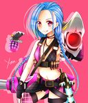  1girl blue_hair braid bullet jinx_(league_of_legends) league_of_legends pink_eyes solo tattoo twin_braids weapons 