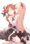  bare_shoulders black_skirt blonde_hair blush closed_eyes doyou_tengoku_pikaraji fang frilled_skirt frills granblue_fantasy hairband head_wings long_hair multiple_girls one_eye_closed orange_hair pointy_ears sara_(granblue_fantasy) shingeki_no_bahamut sitting skirt vampy wariza yuri 