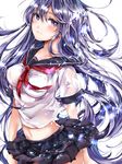  assa_2 black_skirt blue_hair collarbone highres long_hair midriff navel original pleated_skirt purple_eyes shirt simple_background skirt solo white_background white_shirt 