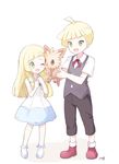  1girl ;d ahoge bad_id bad_twitter_id bare_arms bare_shoulders black_pants black_vest blonde_hair braid brother_and_sister dress full_body gen_5_pokemon gladio_(pokemon) green_eyes height_difference holding lillie_(pokemon) lillipup long_hair mei_(maysroom) one_eye_closed open_mouth pants pokemon pokemon_(anime) pokemon_(creature) pokemon_sm_(anime) red_footwear shirt shoes short_hair short_sleeves siblings simple_background sleeveless sleeveless_dress smile standing straight_hair tongue tongue_out twin_braids vest white_background white_dress white_footwear white_shirt younger 