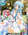  asuna_(sao) asuna_(sao-alo) blue_eyes blue_hair bouquet breasts bridal_veil card_(medium) cleavage dress elbow_gloves flower forest gloves grey_flower holding holding_bouquet long_hair medium_breasts nature official_art open_mouth pink_flower pointy_ears purple_flower red_flower see-through solo star sword_art_online sword_art_online:_code_register tree veil wedding_dress white_dress white_feathers white_gloves 