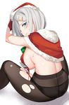  alternate_costume arm_up back bikini bikini_top black_legwear black_panties blue_eyes blush breasts capelet christmas commentary_request covering covering_breasts crotch_seam embarrassed from_behind fur_trim hamakaze_(kantai_collection) hand_on_headwear hat holding kantai_collection large_breasts leaning_forward looking_back maji_(etonato) panties panties_under_pantyhose pantyhose red_bikini_top red_hat santa_costume santa_hat shiny shiny_skin short_hair sideboob silver_hair simple_background solo sweat swimsuit torn_clothes torn_legwear underwear untied untied_bikini white_background 