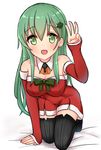  1girl :d absurdres all_fours arm_warmers ascot bare_shoulders black_footwear black_legwear blush boots bow breasts christmas christmas_tree_hair_ornament cleavage collarbone detached_collar dress fur_trim gesture green_bow green_eyes green_hair hair_ornament hairclip highres kantai_collection long_hair looking_at_viewer medium_breasts open_mouth red_dress santa_costume short_dress simple_background sleeves_past_wrists smile solo strapless strapless_dress suzuya_(kantai_collection) thigh_boots thighhighs white_background zettai_ryouiki 