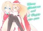  arm_support bare_shoulders black_legwear blonde_hair blue_eyes braid christmas from_behind hairband hat kirisame_marisa looking_at_viewer looking_back merry_christmas multiple_girls nirap santa_costume santa_hat short_hair side_braid single_braid sitting smile thighhighs touhou 