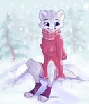  5_fingers anthro breasts canine clothed clothing digitigrade eyelashes female fox fur grey_fur mammal pink_nose purple_eyes sitting snow solo zenirix 