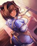  1girl apron bangs brown_eyes brown_hair cutting doraf eyebrows eyebrows_visible_through_hair female food granblue_fantasy hairband holding knife looking_at_viewer looking_back open_mouth solo standing tahnya yaia_(granblue_fantasy) 