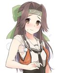  armpit_hold blush bottle brown_eyes brown_hair commentary_request double-breasted flying_sweatdrops headband holding holding_bottle jintsuu_(kantai_collection) kantai_collection long_hair neckerchief plum_(arch) remodel_(kantai_collection) sarashi school_uniform serafuku shirt simple_background sleeveless sleeveless_shirt smile solo sweatdrop upper_body white_background 
