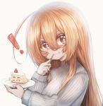 ! +_+ 1girl :t bangs blush cake closed_mouth commentary_request copyright_request eating food fork fork_in_mouth fruit grey_background hachachi hair_between_eyes highres holding holding_fork holding_plate light_brown_hair long_hair looking_at_viewer plate red_eyes simple_background slice_of_cake solo strawberry strawberry_shortcake upper_body v-shaped_eyebrows very_long_hair virtual_youtuber 