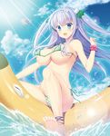  :d ankle_wrap banana_boat bangs bare_arms bare_shoulders barefoot bikini blue_eyes blush breasts cloud collarbone commentary_request day eyebrows_visible_through_hair floating_hair floral_print flower_knight_girl hair_ornament hairband kinutasou_(flower_knight_girl) large_breasts lavender_hair leaf_hair_ornament lens_flare light_particles long_hair naruse_mamoru ocean open_mouth outdoors scrunchie shiny shiny_skin side-tie_bikini sitting sky smile soles solo splashing summer sunlight swimsuit tareme twintails underboob untied untied_bikini very_long_hair wardrobe_malfunction water water_drop wrist_scrunchie 