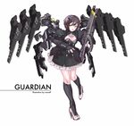  black_hair brown_eyes cancell cleavage_cutout gun mecha_musume mechanical_wings original railgun short_hair simple_background solo weapon wings 