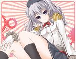 :&gt; beret curly_hair epaulettes from_below gloves hat kantai_collection kashima_(kantai_collection) long_hair looking_at_viewer looking_down pleated_skirt silver_eyes silver_hair skirt smile solo twintails white_gloves yuugo_(atmosphere) 