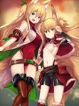  :d animal_ears bangs belt bike_shorts blonde_hair blue_eyes boots breasts capelet christmas commentary_request covered_navel detached_sleeves fox_ears fox_girl fox_tail fur-trimmed_boots fur_trim green_eyes haik hair_between_eyes hair_ornament highres hips kokonoe_hisagi kokonoe_tsubaki large_breasts leaf_hair_ornament leotard long_hair looking_at_viewer multiple_girls open_mouth original red_leotard ribbed_leotard sleeveless small_breasts smile standing tail thigh_boots thighhighs turtleneck two_side_up 