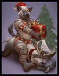  anthro antlers barefoot cervine christmas christmas_tree clothed clothing duo feral gift holidays hooves horn hyena jockstrap looking_at_viewer male mammal musclegut navel quadruped reindeer smile straddling striped_hyena stripy_yeen tacklebox topless tree underwear 