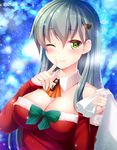  aqua_hair arm_warmers blush breasts christmas christmas_tree_hair_ornament cleavage dress eyebrows_visible_through_hair finger_to_mouth green_eyes hair_ornament izumi_akane kantai_collection large_breasts long_hair looking_at_viewer neckerchief night night_sky one_eye_closed red_dress sack sky smile solo suzuya_(kantai_collection) twitter_username 