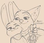  2016 alec8ter anthro black_and_white canine clothed clothing disney duo english_text eye_contact female fox holding_object judy_hopps lagomorph male male/female mammal mistletoe monochrome nick_wilde nuzzling plant rabbit simple_background smile text white_background zootopia 