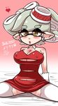  2016 breasts cleavage commentary_request covered_nipples dated domino_mask dress earrings grey_hair hair_ornament heart highres hotaru_(splatoon) jewelry large_breasts mask mole mole_under_eye red_dress santa_costume solo splatoon_(series) splatoon_1 spread_legs tentacle_hair thighhighs usa_(dai9c_carnival) white_legwear 