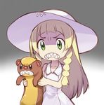  angry blonde_hair clenched_teeth dress frown gen_7_pokemon gradient green_eyes hat holding imitating lillie_(pokemon) long_hair pokemon pokemon_(creature) pokemon_(game) pokemon_sm scowl sharp_teeth simple_background solo sukemyon sun_hat sundress teeth white_hat yungoos 