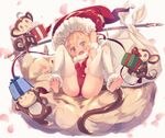  :d andira_(granblue_fantasy) arm_up barefoot blonde_hair blush box breasts cameltoe christmas cloud erune feet fur_trim gift gift_box granblue_fantasy hato_haru looking_at_viewer monkey monkey_tail open_mouth red_eyes short_hair sideboob small_breasts smile solo staff tail thighhighs toeless_legwear white_legwear 