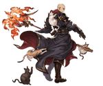  animal axe back bald belt boots cat dante_(granblue_fantasy) fire full_body gloves granblue_fantasy hood male_focus minaba_hideo official_art red_eyes solo transparent_background weapon 