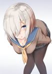  bent_over black_legwear blue_eyes blue_skirt breasts cleavage collarbone eyebrows_visible_through_hair grey_hair hair_ornament hair_over_one_eye hairclip hamakaze_(kantai_collection) hanging_breasts highres kantai_collection leaning_forward long_sleeves looking_at_viewer medium_breasts neckerchief pantyhose pleated_skirt saku_(kudrove) short_hair simple_background skirt solo sweater undressing white_background yellow_neckwear 