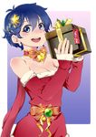  bare_shoulders blue_eyes blue_hair blush box breasts cleavage detached_sleeves enko_momoda fur_trim gift gift_box highres kamishiro_sui looking_at_viewer medium_breasts open_mouth santa_costume scarf short_hair smile solo strapless_santa_dress tokyo_7th_sisters 