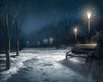  bench commentary_request dark lamppost landscape marktal night no_humans original outdoors park scenery snow snowing tree winter 
