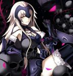  armor armored_dress bangs black_gloves black_legwear blonde_hair blurry breasts chain depth_of_field dress elbow_gloves fate/grand_order fate_(series) fur-trimmed_gloves fur-trimmed_legwear fur_trim gauntlets gloves headpiece highres holding_skull jeanne_d'arc_(alter)_(fate) jeanne_d'arc_(fate)_(all) long_hair looking_at_viewer medium_breasts parted_lips petals shiguru sitting sleeveless sleeveless_dress solo thighhighs yellow_eyes 