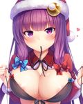  areola_slip areolae bangs black_bra black_ribbon blue_bow blunt_bangs blush bow bra breasts capelet cleavage crescent crescent_hair_ornament front-tie_top hair_bow hair_ornament hat highres large_breasts long_hair looking_at_viewer mouth_hold patchouli_knowledge purple_eyes purple_hair red_bow ribbon santa_hat sidelocks snowcanvas solo touhou underwear untied upper_body 