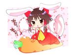  animal_ears ascot bangs blush bow brown_eyes brown_hair bunny_ears bunny_tail carrot chibi commentary_request cookie_(touhou) detached_sleeves eating eyebrows_visible_through_hair full_body hair_bow hair_tubes hakurei_reimu heart japanese_clothes long_sleeves mutsutake nontraditional_miko open_mouth red_bow ribbon-trimmed_sleeves ribbon_trim sakenomi_(cookie) sidelocks simple_background sleeves_past_fingers sleeves_past_wrists solo tail touhou triangle_mouth wide_sleeves 