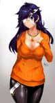  2015 absurdres bandage_over_one_eye bangs belt black_pants blue_eyes blue_hair breasts cleavage closed_mouth collarbone cowboy_shot dated gradient gradient_background hand_on_own_chest heart highres jewelry large_breasts long_hair long_sleeves looking_at_viewer lulu-chan92 necklace orange_sweater original pants pendant shadow signature solo sweater two-tone_background 