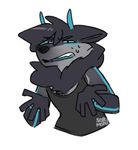  2016 annoyed anthro canine clothing demon horn male mammal mane nepetacide simple_background solo tamryn 