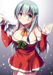  aqua_hair arm_warmers bare_shoulders blush breasts christmas christmas_tree_hair_ornament cleavage detached_collar dress eyebrows_visible_through_hair fukase_ayaka green_eyes hair_ornament holding kantai_collection large_breasts long_hair looking_at_viewer neckerchief night night_sky red_dress sack sky sleeves_past_wrists smile snow solo suzuya_(kantai_collection) upper_body 