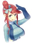  arm_up bangs blue_eyes blue_gloves blush breasts fuuro_(pokemon) gloves gym_leader kazo large_breasts looking_at_viewer open_mouth pokemon pokemon_(game) pokemon_bw red_hair simple_background smile solo swept_bangs white_background 
