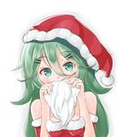  alternate_costume aqua_eyes bare_shoulders blush boronoki breasts christmas commentary eyebrows_visible_through_hair fake_beard fake_facial_hair fur_trim green_hair hair_between_eyes hair_ornament hairclip hat holding kantai_collection long_hair looking_at_viewer santa_costume santa_hat simple_background small_breasts solo strapless upper_body white_background yamakaze_(kantai_collection) 