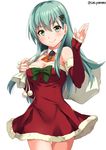  alternate_costume aqua_hair arm_warmers breasts christmas christmas_tree_hair_ornament cleavage collarbone detached_collar dress elbow_gloves eyebrows_visible_through_hair gloves green_eyes hair_between_eyes hair_ornament hairclip kantai_collection long_hair looking_at_viewer medium_breasts neckerchief red_neckwear sack sakiyamama santa_costume simple_background sleeves_past_wrists smile solo strapless strapless_dress suzuya_(kantai_collection) twitter_username upper_body white_background 