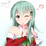  ;) artist_logo ascot bare_shoulders carrying christmas christmas_tree_hair_ornament closed_mouth detached_sleeves dress finger_to_mouth green_eyes green_hair hair_ornament index_finger_raised kantai_collection long_hair looking_at_viewer nahaki off-shoulder_dress off_shoulder one_eye_closed red_dress sack signature smile solo suzuya_(kantai_collection) 