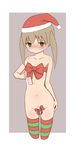  blonde_hair blush breasts christmas cowfee cropped_legs english green_eyes hat highres looking_at_viewer maka_albarn naked_ribbon navel nude ribbon santa_hat small_breasts smile solo soul_eater text_focus thighhighs twintails 