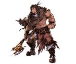  abs axe belt boots braid brown_eyes brown_hair cape dark_skin dark_skinned_male eso_(granblue_fantasy) facial_mark feathers full_body granblue_fantasy headband long_hair male_focus minaba_hideo official_art shirtless solo transparent_background twin_braids weapon 