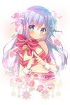  areola_slip areolae blue_eyes blue_hair blush christmas double_bun fidgeting gochuumon_wa_usagi_desu_ka? hair_ornament kafuu_chino long_hair looking_at_viewer mitsumomo_mamu naked_ribbon red_ribbon ribbon solo wrist_cuffs x_hair_ornament 