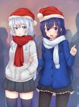  :d akatsuki_(kantai_collection) alternate_costume bangs black_legwear black_skirt blue_eyes blue_hair blush christmas coat cold_(hoshinoskull) commentary_request cowboy_shot hands_in_pockets hat hibiki_(kantai_collection) highres kantai_collection long_hair looking_at_viewer multiple_girls open_mouth pantyhose pleated_skirt pointing purple_eyes red_scarf santa_hat scarf sidelocks silver_hair skirt smile thighhighs white_scarf winter_clothes winter_coat 