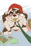  anthro blush briefs bulge canine cerb0980 christmas clothed clothing collar condom condom_in_mouth dog eyewear first_person_view flat_colors glasses harness hat holidays kneeling leash looking_at_viewer looking_up male mammal saint_bernard santa_hat slightly_chubby solo topless underwear weber 