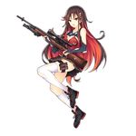  bipod black_skirt boots breasts bridal_gauntlets brown_hair cleavage full_body girls_frontline gun hair_ornament jianren long_hair looking_at_viewer m21 m21_(girls_frontline) magazine_(weapon) medium_breasts multicolored_hair official_art pleated_skirt red_eyes red_hair rifle scope shirt skirt solo thighhighs torn_clothes torn_legwear torn_shirt torn_sleeves transparent_background weapon white_legwear 