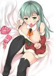  aqua_hair arm_support arm_warmers bare_shoulders breasts christmas christmas_tree_hair_ornament cleavage condom condom_box condom_in_mouth dress dress_pull eyebrows_visible_through_hair green_eyes hair_ornament highres kantai_collection large_breasts long_hair looking_at_viewer mouth_hold neckerchief nipple_slip nipples on_bed panties pantyshot pantyshot_(sitting) red_dress red_neckwear sitting smile solo suzuya_(kantai_collection) takoyaki_(takoyaki-batake) thighhighs underwear 