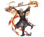  animal axe bald boots cat dante_(granblue_fantasy) fire full_body granblue_fantasy male_focus minaba_hideo official_art red_eyes solo transparent_background weapon 