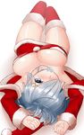  blue_eyes blush breasts christmas cleavage condom condom_in_mouth condom_wrapper downblouse hair_ornament hair_over_one_eye hairclip hamakaze_(kantai_collection) kantai_collection large_breasts looking_at_viewer lying mouth_hold on_back open_clothes short_hair silver_hair simple_background sin_(kami148) skirt solo thighhighs upside-down white_background 