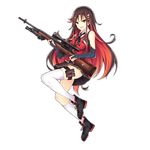  bipod black_skirt boots bridal_gauntlets brown_hair full_body girls_frontline gun hair_ornament jianren long_hair looking_at_viewer m21 m21_(girls_frontline) magazine_(weapon) multicolored_hair official_art pleated_skirt red_eyes red_hair rifle scope skirt solo thighhighs transparent_background weapon white_legwear 